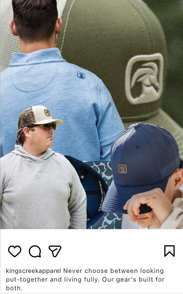Kings Creek Apparel Instagram post, hats and pullovers with the caption beneath