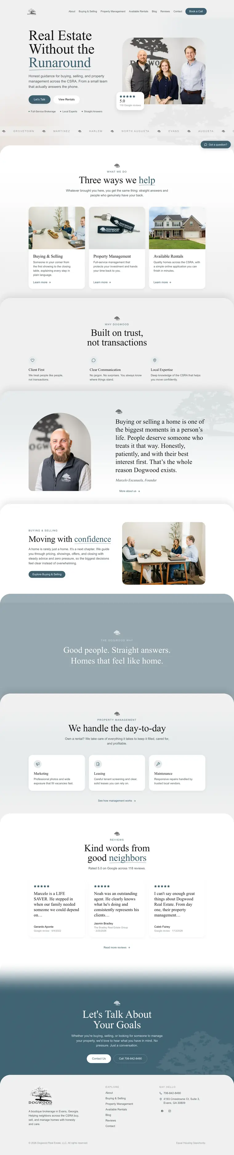 The Dogwood Real Estate homepage, scrolling from the hero down through the full page