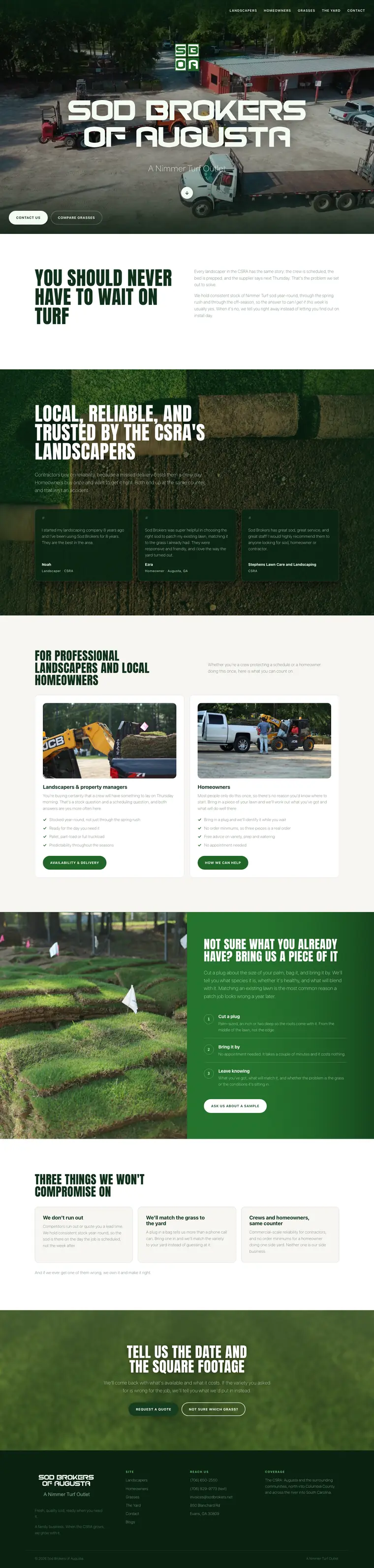 The Sod Brokers of Augusta homepage, scrolling from the hero down through the full page