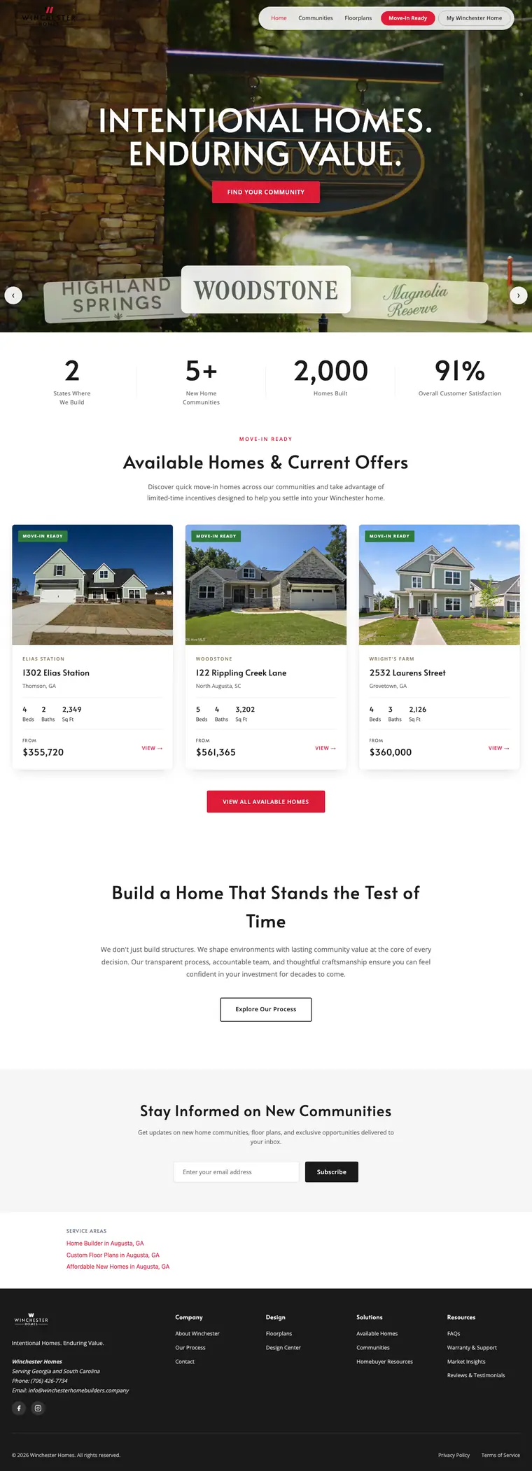 The Winchester Homes homepage, scrolling from the hero down through the full page